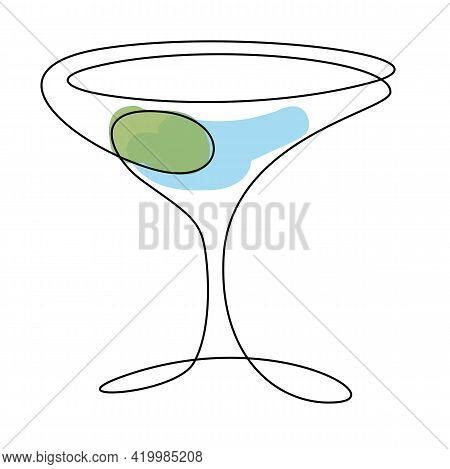 Continuous Line Drawing. Martini In Glass With Olive. Isolated On White Background. Hand Drawn Vecto