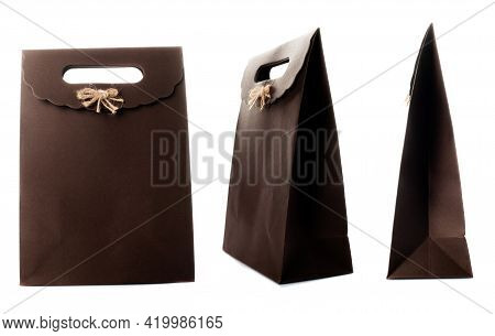 Brown Paper Bag Isolated On White Background. Side, Front, Three-quarter View.