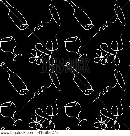 Wine Glass Bottle Grapes Corkcrew Pattern Icons Doodle Vector Illustration Silouette