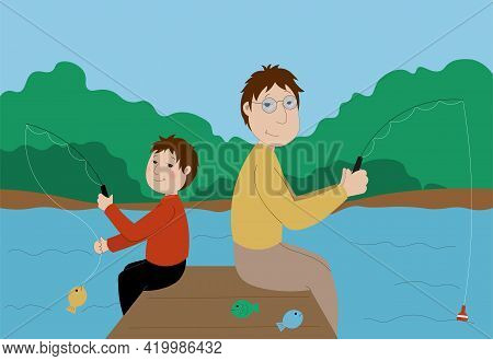 Dad And Son Fishing On The Lake. Fathers Day.