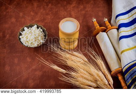 Shavuot Kosher Food Fresh Dairy Products Milk, Cottage Cheese Wheat Harvest Festival