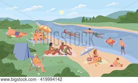 People Resting On River Beach Flat Cartoon Vector Illustration. Vector Summer Vacation On Bank Of La