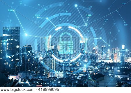 Blue Keylock Hologram On A Dark Background With Night City View, Data Safety And Security Concept, D