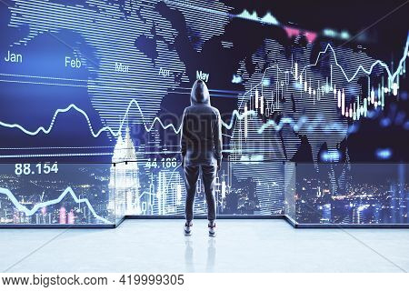 Investing And Analyzing Concept With Back View On Person In Sport Suit Looking At Digital Screen Wit