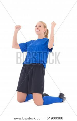 Female Soccer Player In Blue Uniform Celebrating Goal Isolated On White Background