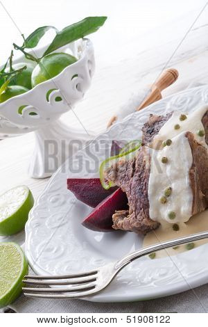 Beef With Beetroot And Horseradish Sauce