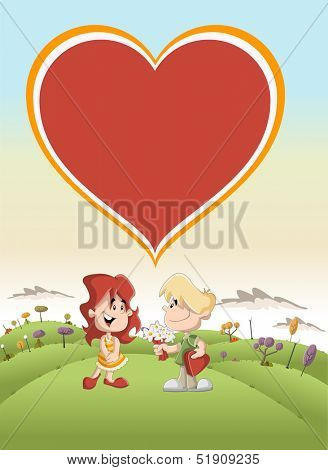 Couple of cute cartoon kids in love in the park with a big heart icon over them 