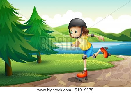 Illustration of a young girl rollerskating at the riverbank with pine trees