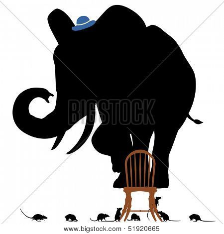 Illustrated silhouettes of a frightened elephant standing on a chair surrounded by rats