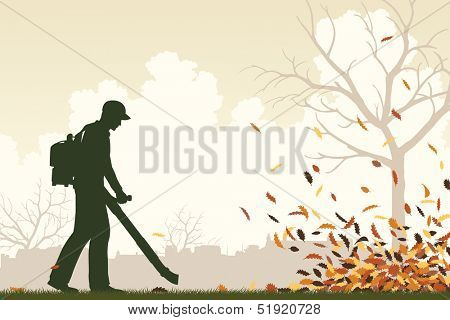 Illustration of a man using a leaf-blower to clear leaves 