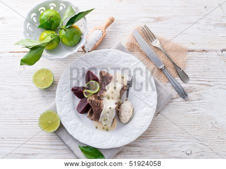 Beef With Beetroot And Horseradish Sauce