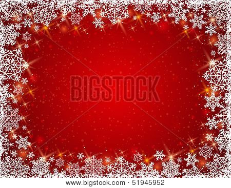 Red Background With Frame Of Snowflakes, Vector