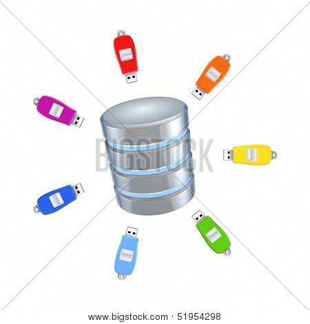 Colorful flashdrives around database.