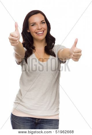 Pretty Female Mixed Race Model Giving Thumbs Up Gesture Isolated on a White Background.