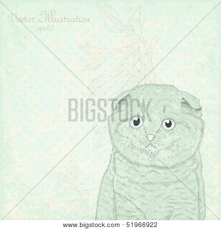 Vintage illustration of a kitten in the garden