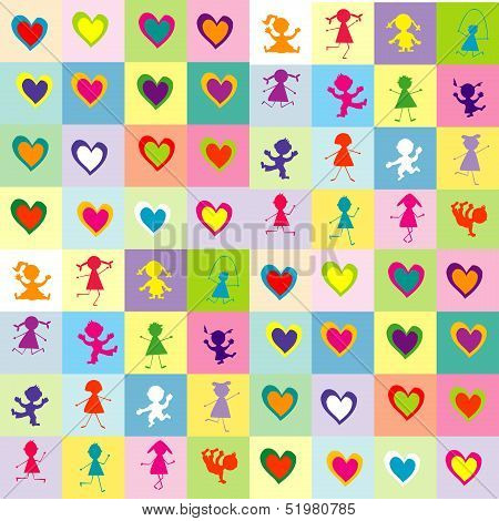 Background Pattern With Children Silhouettes And Hearts