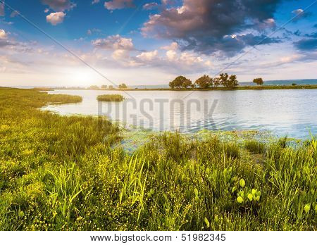 Beautiful view of sinuous river in summer. Southern Buh River, Ukraine, Europe. Beauty world.
