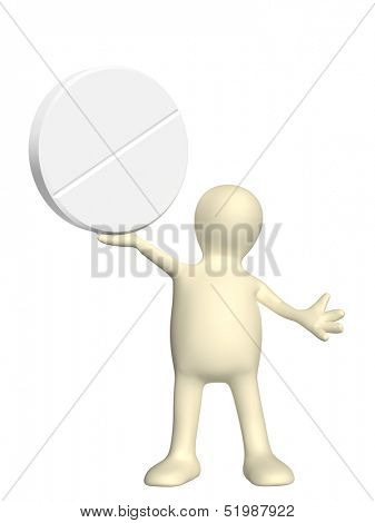 3d puppet with pill. Isolated on white background
