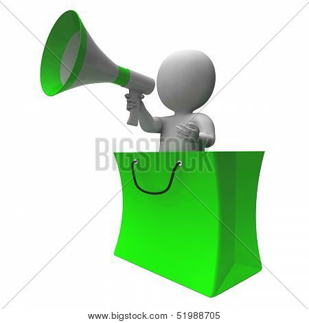 Loud Hailer Shopping Character Shows Sales Or Discounts