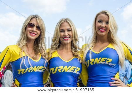 Sebring, FL - Mar 15, 2014:  The Turner Motorsports models pose for pictures before the start of the 12 Hours of Sebring at Sebring International Raceway in Sebring, FL.