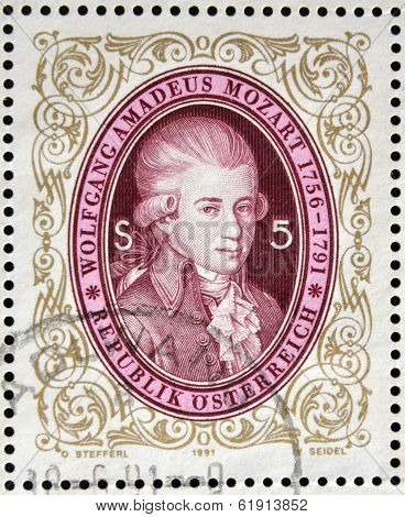 AUSTRIA - CIRCA 1991: stamp printed in Austria shows Wolfgang Amadeus Mozart circa 1991