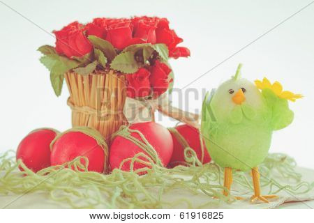 Easter red eggs with poults decorations
