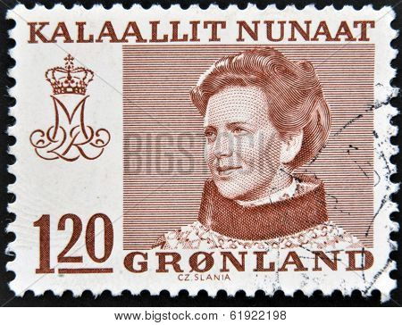 GREENLAND - CIRCA 1973: A stamp printed in Greenland shows Queen Margrethe II of Denmark circa 1973