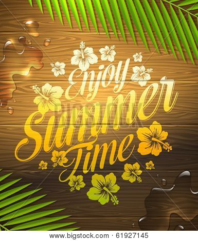 Summer holidays type design painted on wooden surface and palm tree branches - vector illustration