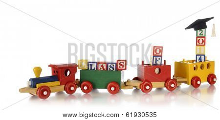 A colorful toy train with alphabet blocks in its cars spelling out 