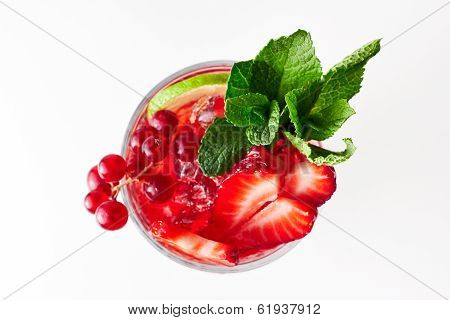 Healthy Red Berry Cocktail With Mint Garnish. On White Background. Top View.