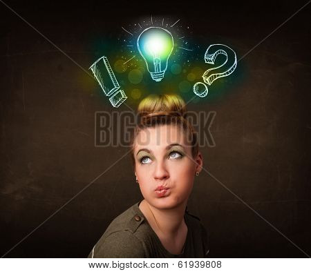 Young preety teenager with hand drawn light bulb illustration