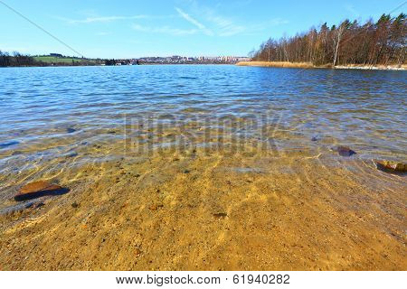 Pure water in The Bolevak Lake ( Bolevecky rybnik ). Famous destination in Pilsen city. Czech Republic, Europe.