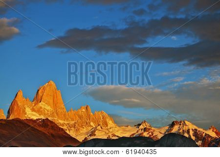 The magnificent sunrise over Mount Fitzroy in Patagonia.