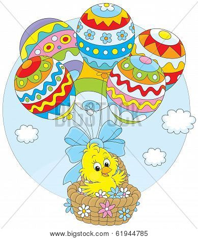 Easter Chick flies with balloons
