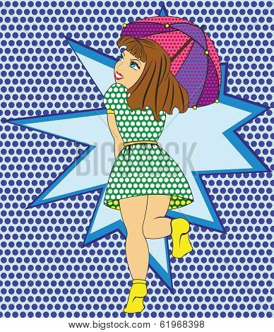 Playful Girl With Umbrella Style Pop Art
