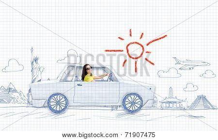 Young woman riding car made of list of paper