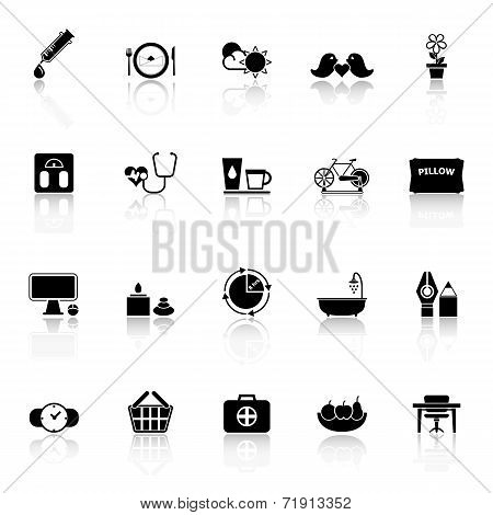 Health Behavior Icons With Reflect On White Background
