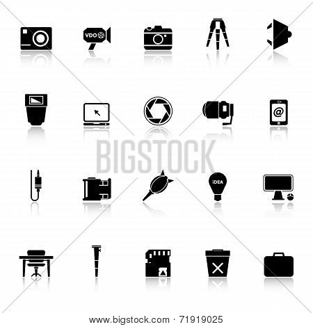 Photography Related Item Icons With Reflect On White Background