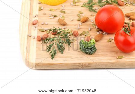 Clseup of nuts and vegetables.