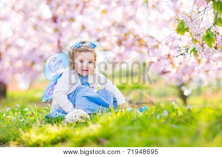 Curly Toddler Girl In Fairy Costume Playing In Fruit Garden