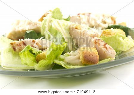 Chicken Caesar salad isolated on a white background with crutons and thick creamy dressing