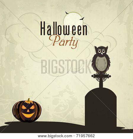 Trick or Treat night party concept with little owl sitting on grave stone, scary pumpkins and spider web on grungy background. 