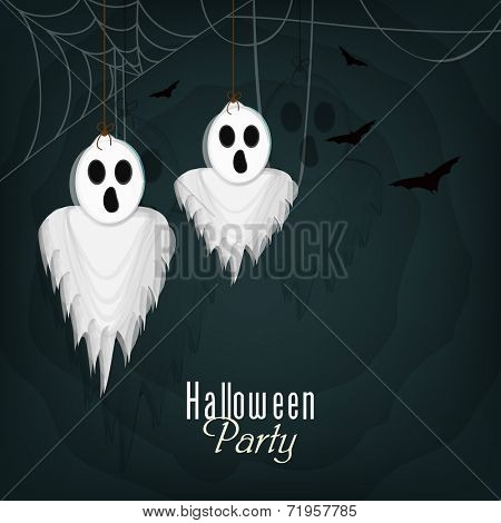 Halloween night party poster, banner or flyer design with hypothetical traditional ghost hanging by spider web on dark green background. 