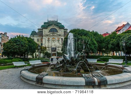 Building of National Theatre in slovakian city Kosice with fountains in front of it