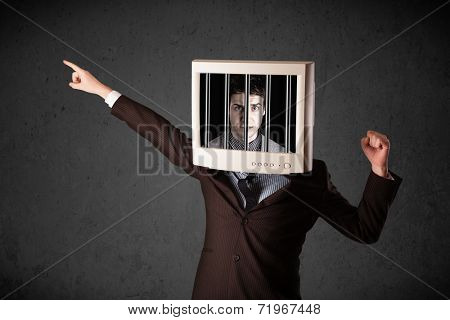 Business man with monitor screen on his head traped into a digital system concept