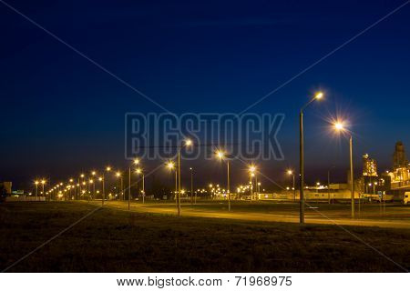 Road Near The Factory At Night.