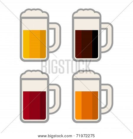 Four Glasses with Different Color Beers on White Background. Vector