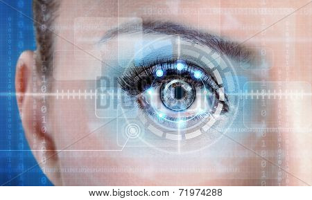 Technology scan female eye for security or identification, eye with scanner and computer interface