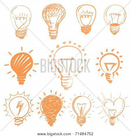 Set of cartoon light bulbs. Symbol ideas
