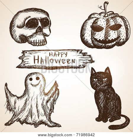 Set consists of pumpkin, black cat, skull and ghost. Halloween t